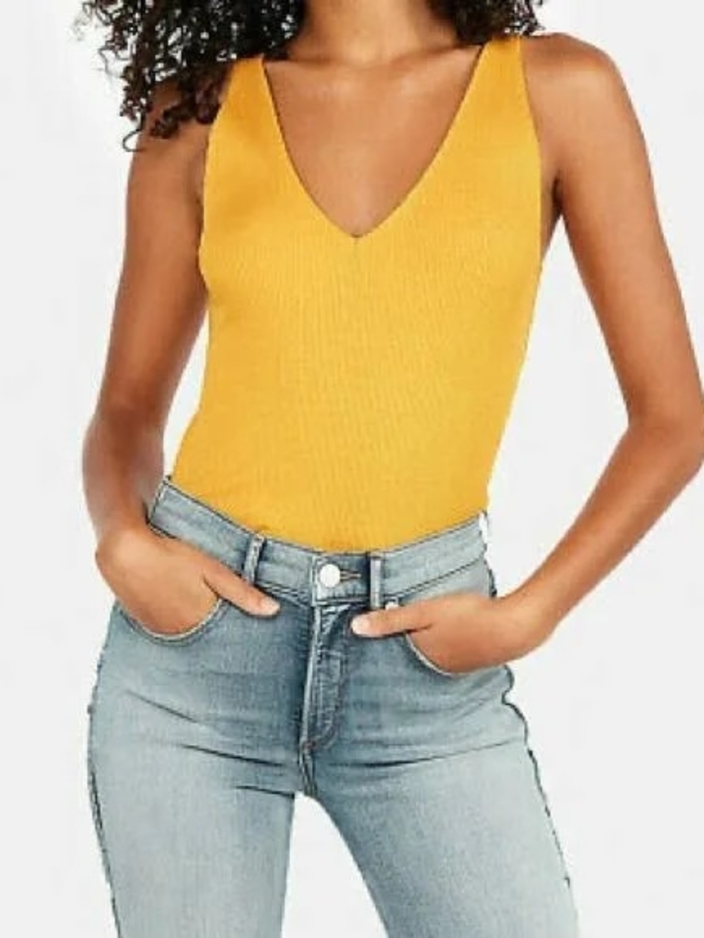 Express Ribbed V-Neck Tank Top - Yellow